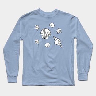 White Cartoon Seashells and Starfish Pattern on a Light Blue Backdrop, made by EndlessEmporium Long Sleeve T-Shirt